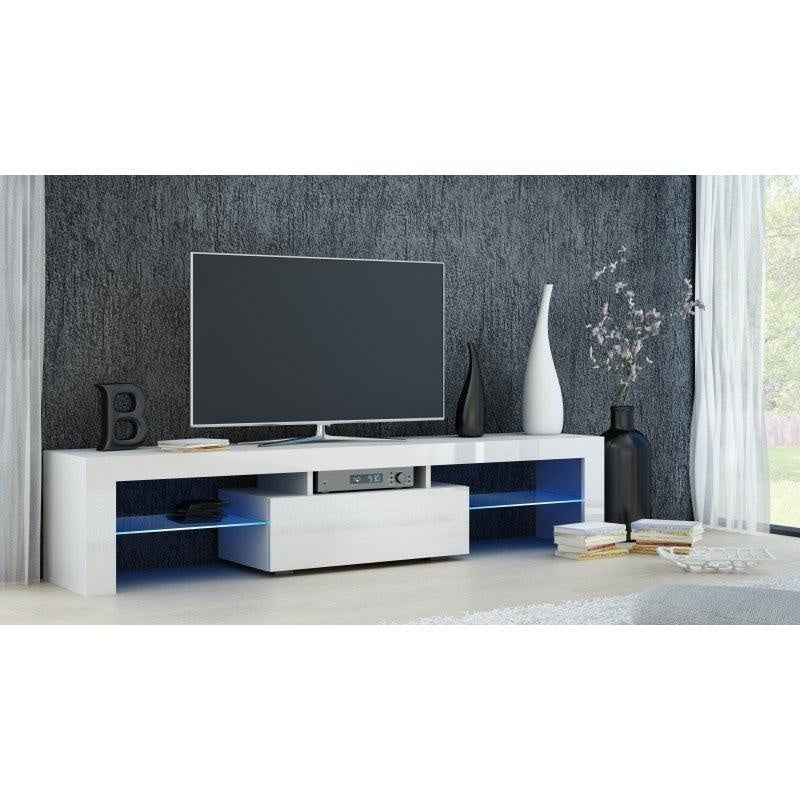 TV STAND DACO WHITE GLOSS FRONTS 160CMWHITE OR BLACK GLOSSTABLE DIMENSIONS 160CM Depth: 40 cmWidth: 160 cmHeight: 45 cmA modern tv table is a practical and elegant piece of furniture, a perfect for people who looking for functional furniture for a modern