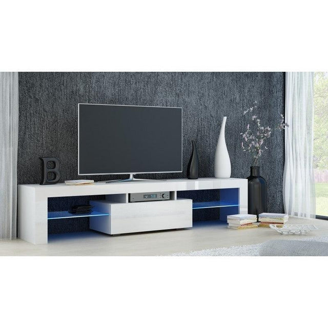 TV STAND DACO WHITE GLOSS FRONTS 160CMWHITE OR BLACK GLOSSTABLE DIMENSIONS 160CM Depth: 40 cmWidth: 160 cmHeight: 45 cmA modern tv table is a practical and elegant piece of furniture, a perfect for people who looking for functional furniture for a modern