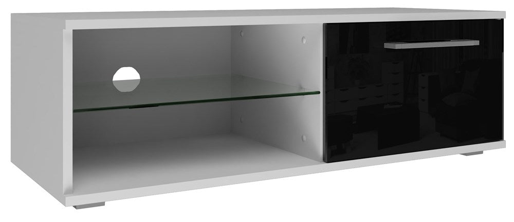 TV STAND SANDY 100CM WHITE/BLACK GLOSSMATERIAL:Fronts - 17 mm thick MDF board, varnished to a high gloss.Body - 16mm thick laminated chipboard.DIMENSIONS:Depth: 40 cmWidth: 100 cmHeight: 36 cmThe highest quality varnish used for the finish is resistant to