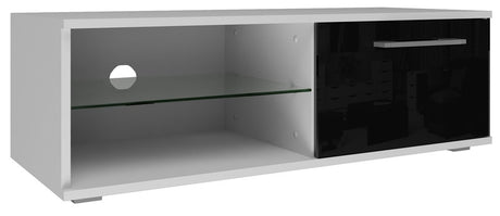TV STAND SANDY 100CM WHITE/BLACK GLOSSMATERIAL:Fronts - 17 mm thick MDF board, varnished to a high gloss.Body - 16mm thick laminated chipboard.DIMENSIONS:Depth: 40 cmWidth: 100 cmHeight: 36 cmThe highest quality varnish used for the finish is resistant to