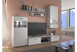 TV WALL UNIT MAXI White Concrete greyOverall dimensions of the wall unit: 2300 x 2000 x 402mm (W x H x D)Number of packages: 2Front:- 15mm white laminated board- melamine rim- glass with a black print- handle: 128mm plasticBody:- 15mm white laminated boar