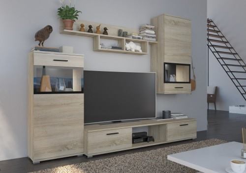 TV WALL UNIT MAXI SonomaOverall dimensions of the wall unit: 2300 x 2000 x 402mm (W x H x D)Number of packages: 2Front:- 15mm white laminated board- melamine rim- glass with a black print- handle: 128mm plasticBody:- 15mm white laminated board- melamine r
