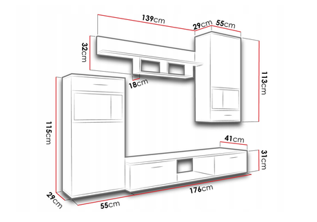 TV WALL UNIT MAXI WhiteOverall dimensions of the wall unit: 2300 x 2000 x 402mm (W x H x D)Number of packages: 2Front:- 15mm white laminated board- melamine rim- glass with a black print- handle: 128mm plasticBody:- 15mm white laminated board- melamine ri