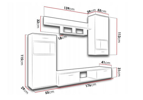 TV WALL UNIT MAXI White Concrete greyOverall dimensions of the wall unit: 2300 x 2000 x 402mm (W x H x D)Number of packages: 2Front:- 15mm white laminated board- melamine rim- glass with a black print- handle: 128mm plasticBody:- 15mm white laminated boar