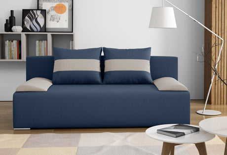 SOFA BED VERA 197CM BLUE/BEIGE / FOAMMADE IN INARI FABRIC CLICK HEREThe couch is made of high-quality materials. Its solid frame is made of solid wood and furniture board.The seat and backrest are made of first-class foam, which makes it relatively resist