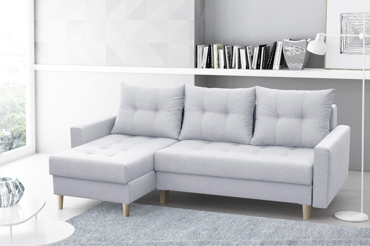 CORNER SOFA BED BRIAN 2X STORAGE SPACE MALMO 83 222x140cm universal RIGHT/LEFT CORNER / BONELL SPRINGS + FOAMTHIS MODEL IS UNIVERSAL WHICH MEANS YOU CAN CHOOSE CORNER SIDE DURING ASSEMBLYMADE IN MALMO FABRIC CLICK HERE3x PILLOWS INCLUDED2X STORAGE SPACEWO