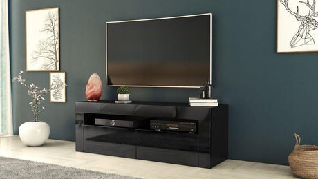 TV STAND DACO 2 BLACK GLOSS FRONTS 140CMDepth: 40 cmWidth: 140 cmHeight: 45 cmMinimalist designThe cabinet has 2 functional and roomy storage compartments.The furniture has high gloss lacquered fronts and the body of the furniture is matt.A modern RTV tab