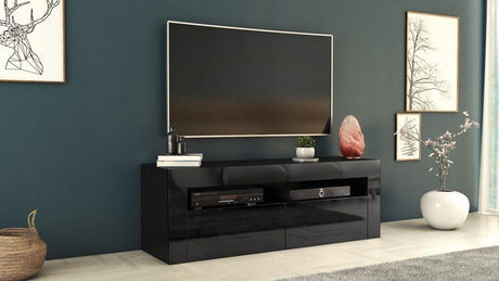 TV STAND DACO 2 BLACK GLOSS FRONTS 160CMDepth: 40 cmWidth: 160 cmHeight: 45 cmMinimalist designThe cabinet has 2 functional and roomy storage compartments.The furniture has high gloss lacquered fronts and the body of the furniture is matt.A modern RTV tab