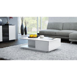 COFFEE TABLE DENVER WHITE GLOSS TOP AND DRAW FRONT 60x90cmDIMENSIONS:Width: 60 cmHeight: 42 cmDepth: 90 cm Table top: 60 x 90 cm Tabletop thickness: 16 mmMATERIAL: Body - 16mm laminated chipboard. The door and the top - laminated chipboard 17mm thick, lac