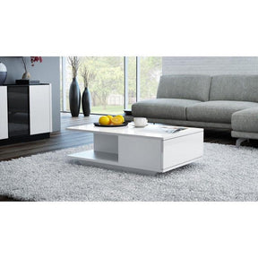 COFFEE TABLE DENVER WHITE GLOSS TOP AND DRAW FRONT 60x90cmDIMENSIONS:Width: 60 cmHeight: 42 cmDepth: 90 cm Table top: 60 x 90 cm Tabletop thickness: 16 mmMATERIAL: Body - 16mm laminated chipboard. The door and the top - laminated chipboard 17mm thick, lac