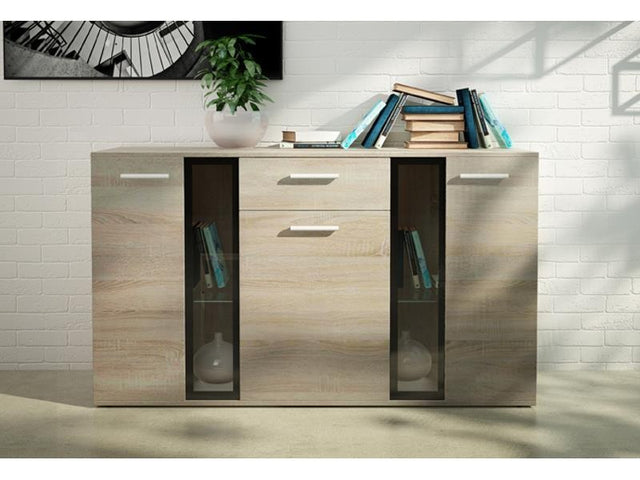 SIDEBOARD SALSA SONOMA LED LIGHTS OPTIONAL 140CMDimensions: 1404 x 800 x 402mm (W x H x D)Number of packages: 2Front:- 15mm white laminated board- melamine rim- glass with a black print- handle: 128mm plasticBody:- 15mm white laminated board- melamine rim
