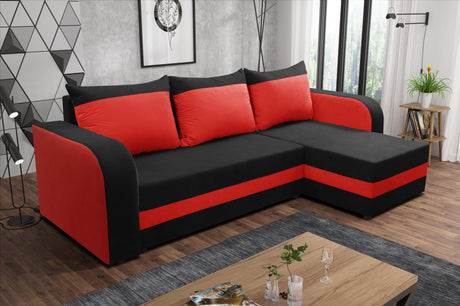 CORNER SOFA BED ALEXA BLACK / RED 238cm universal RIGHT/LEFT CORNER / FOAMTHIS MODEL IN UNIVERSAL WHICH MEANS YOU CAN CHOOSE CORNER SIDE DURING ASSEMBLY3x PILLOWS INCLUDED1X STORAGE SPACESLEEPING FUNCTIONDIMENTIONSWidth: 238 cmDepth: 140cmSleeping area: 2