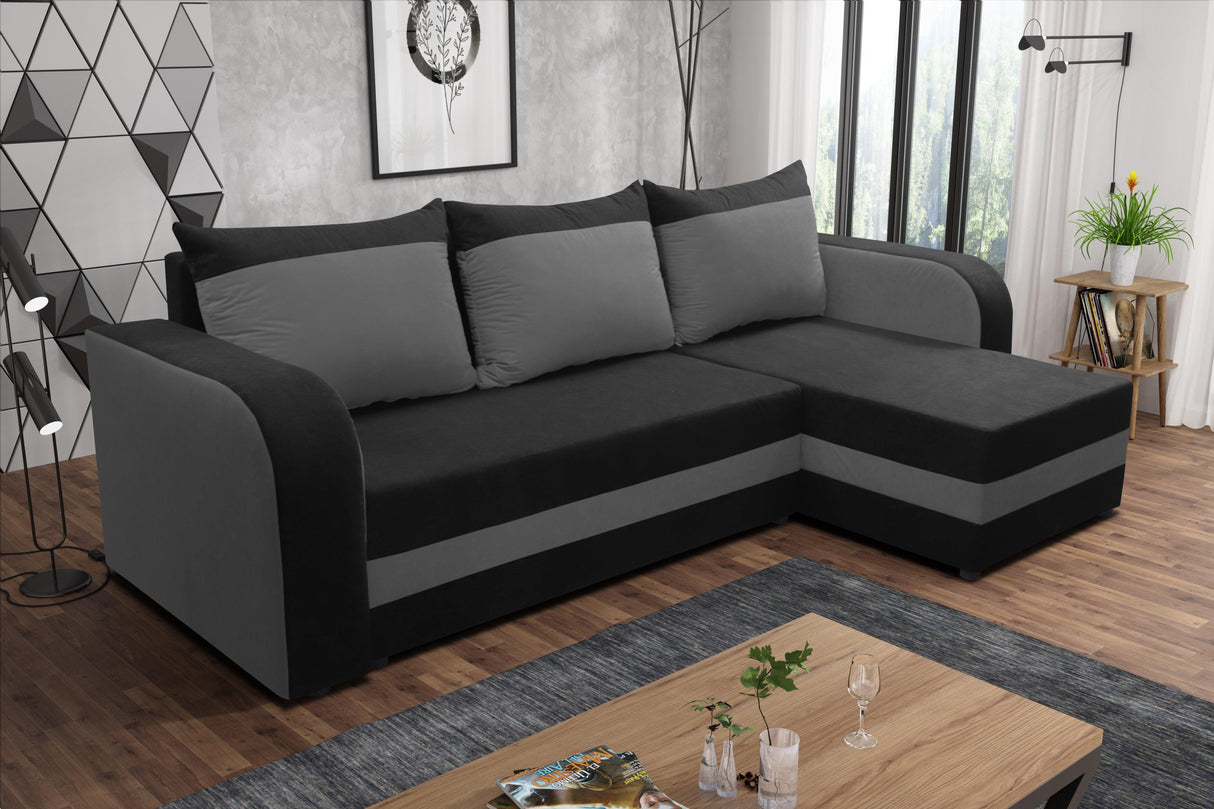 CORNER SOFA BED ALEXA BLACK / DARK GREY 238cm universal RIGHT/LEFT CORNER / FOAMTHIS MODEL IN UNIVERSAL WHICH MEANS YOU CAN CHOOSE CORNER SIDE DURING ASSEMBLY3x PILLOWS INCLUDED1X STORAGE SPACESLEEPING FUNCTIONDIMENTIONSWidth: 238 cmDepth: 140cmSleeping a