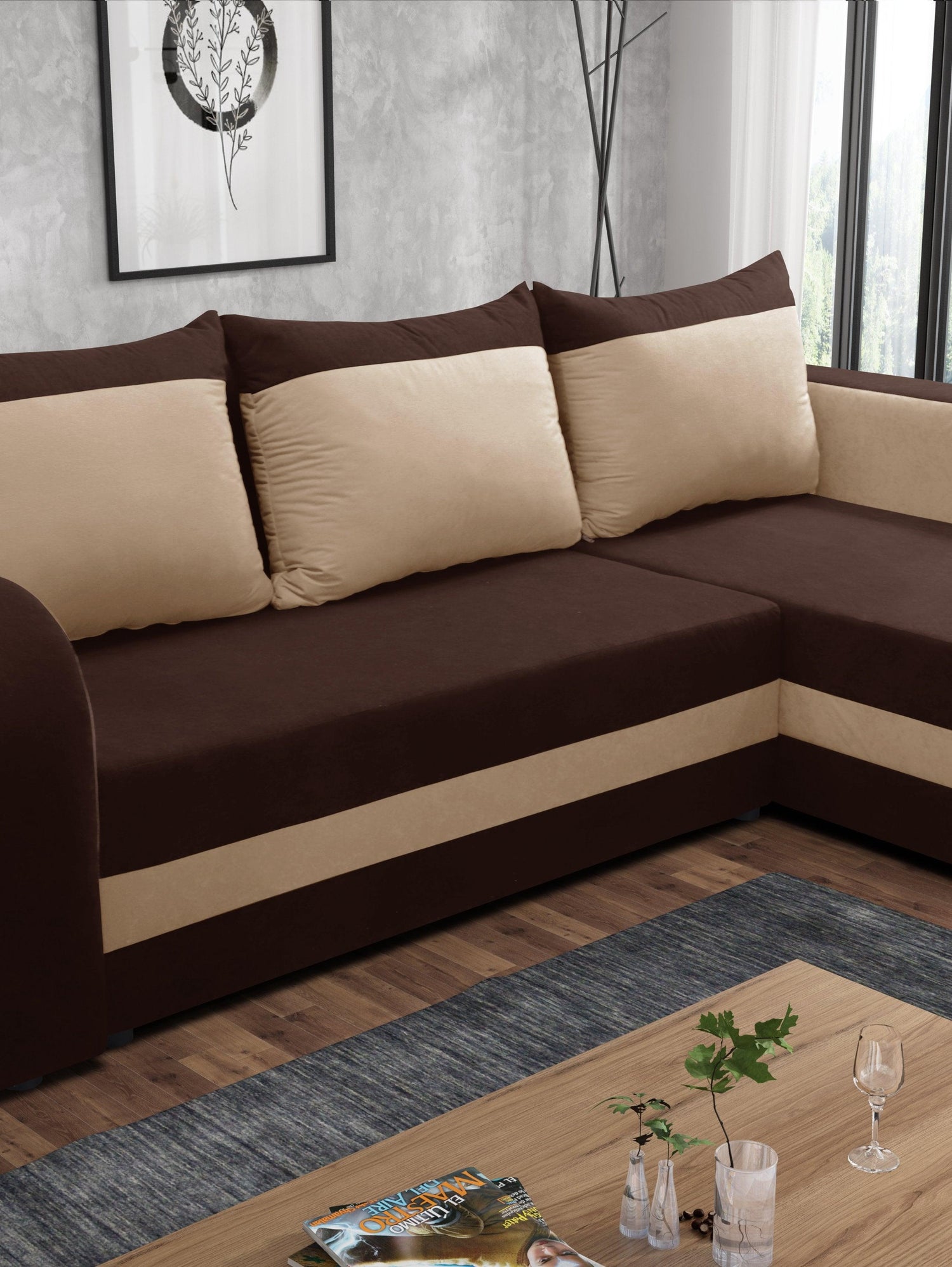 CORNER SOFA BED ALEXA BROWN / BEIGE 238cm universal RIGHT/LEFT CORNER / FOAMTHIS MODEL IN UNIVERSAL WHICH MEANS YOU CAN CHOOSE CORNER SIDE DURING ASSEMBLY3x PILLOWS INCLUDED1X STORAGE SPACESLEEPING FUNCTIONDIMENTIONSWidth: 238 cmDepth: 140cmSleeping area: