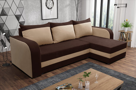 CORNER SOFA BED ALEXA BROWN / BEIGE 238cm universal RIGHT/LEFT CORNER / FOAMTHIS MODEL IN UNIVERSAL WHICH MEANS YOU CAN CHOOSE CORNER SIDE DURING ASSEMBLY3x PILLOWS INCLUDED1X STORAGE SPACESLEEPING FUNCTIONDIMENTIONSWidth: 238 cmDepth: 140cmSleeping area: