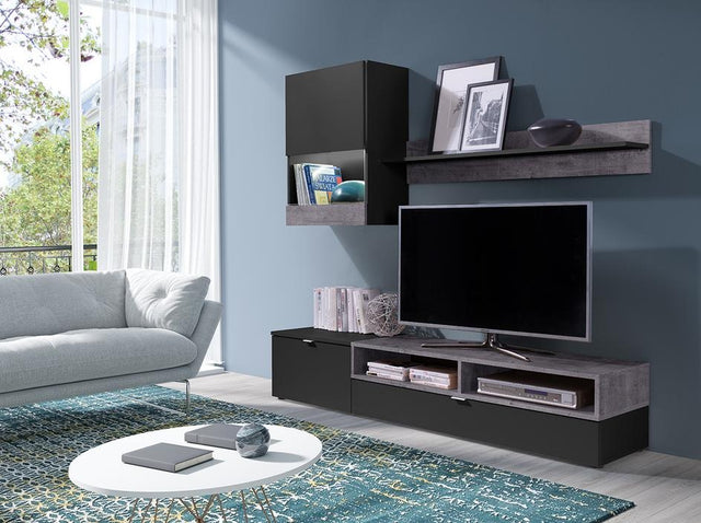 TV WALL UNIT SET RICO BLACK / GREYFlat packed for self-assembly with a clear and easy instructions.SET INCLUDES1 SIDE CABINETSTV STANDSHELF Modern design makes it suitable for any interior.-Matt finishAnna Furniture