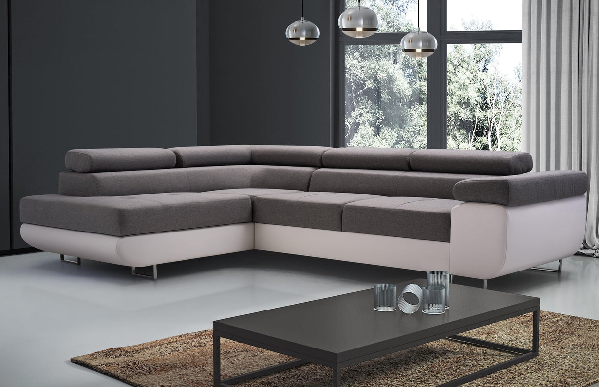 CORNER SOFA BED ASH 273CM GREY/WHITE / SPRINGS + FOAMWavy springs + foam CHOICE OF COLOR Large sleeping areaSEAT AND CUSHIONS MADE IN LUX FABRIC CLICK HERE BOTTOM AND SIDES MADE OF FAUX LEATHER SOFT CLICK HERE Dimensions W: 273cm D:203cm H: 90cm Sleeping