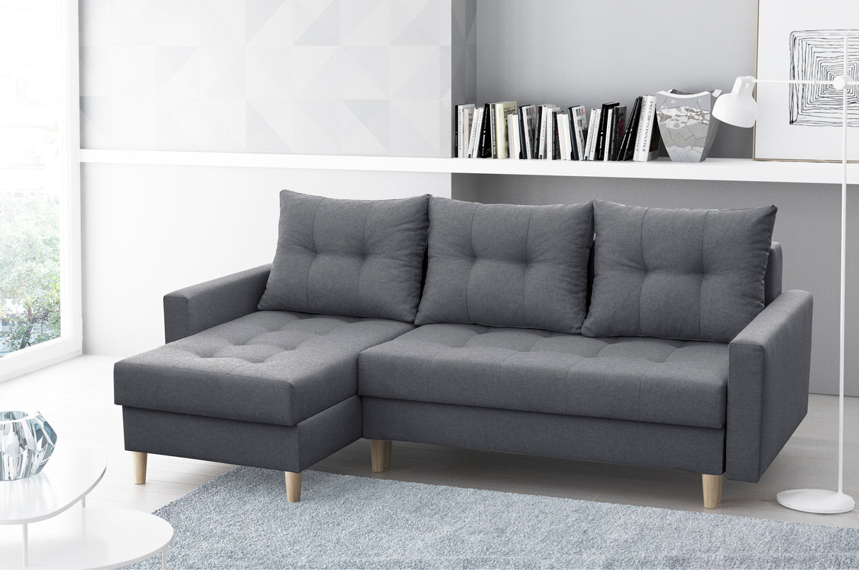 CORNER SOFA BED BRIAN 2X STORAGE SPACE MALMO 95 222x140cm universal RIGHT/LEFT CORNER / BONELL SPRINGS + FOAMTHIS MODEL IS UNIVERSAL WHICH MEANS YOU CAN CHOOSE CORNER SIDE DURING ASSEMBLYMADE IN MALMO FABRIC CLICK HERE3x PILLOWS INCLUDED2X STORAGE SPACEWO