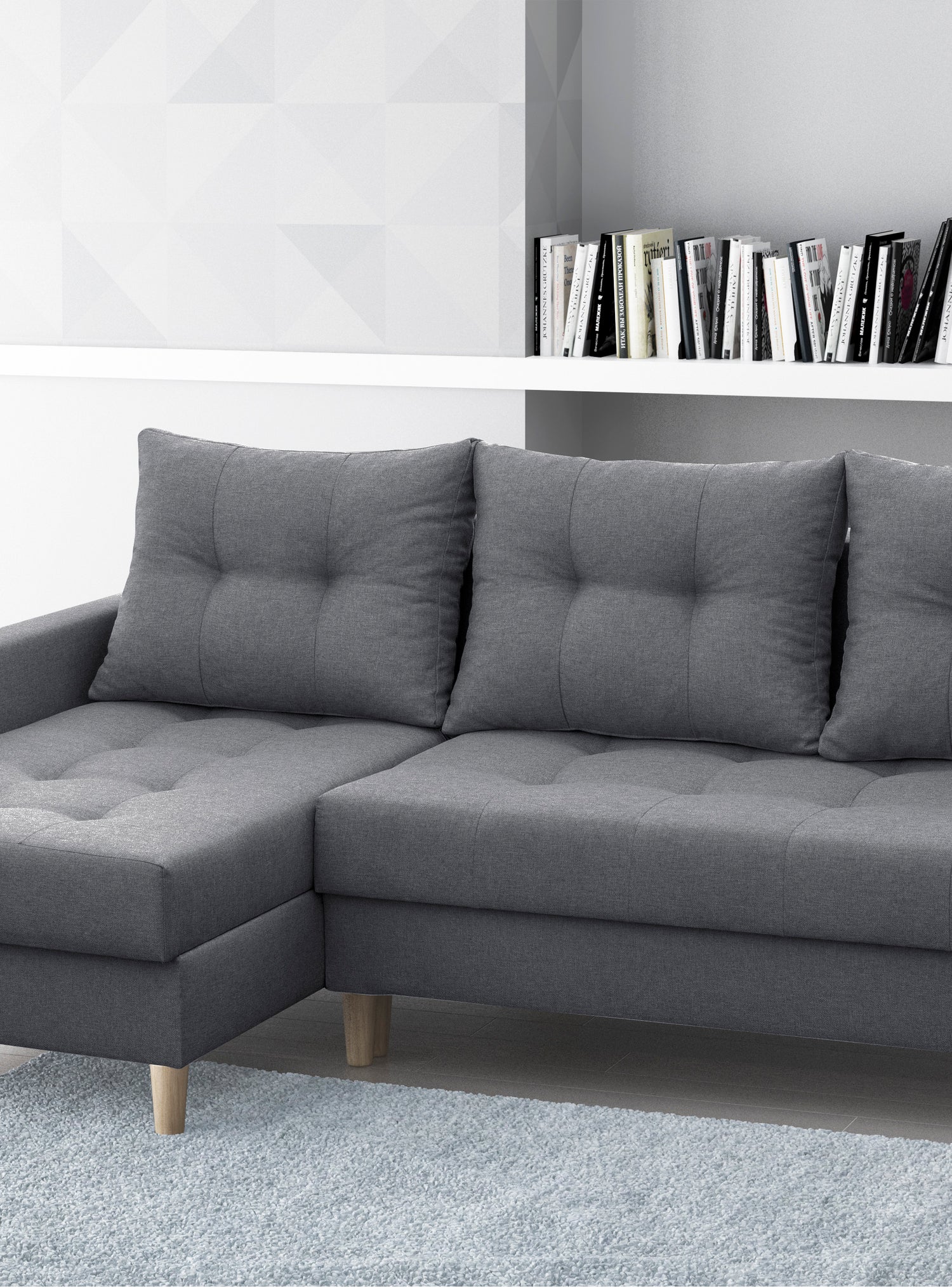 CORNER SOFA BED BRIAN 222x140CM 2X STORAGE SPACE Universal CORNER RIGHT/LEFT / BONELL SPINGS + FOAMTHIS MODEL IS UNIVERSAL WHICH MEANS YOU CAN CHOOSE CORNER SIDE DURING ASSEMBLYMADE IN MALMO FABRIC CLICK HERE3x PILLOWS INCLUDED2X STORAGE SPACEWOODEN LEGSP