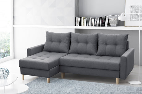 CORNER SOFA BED BRIAN 222x140CM 2X STORAGE SPACE Universal CORNER RIGHT/LEFT / BONELL SPINGS + FOAMTHIS MODEL IS UNIVERSAL WHICH MEANS YOU CAN CHOOSE CORNER SIDE DURING ASSEMBLYMADE IN MALMO FABRIC CLICK HERE3x PILLOWS INCLUDED2X STORAGE SPACEWOODEN LEGSP