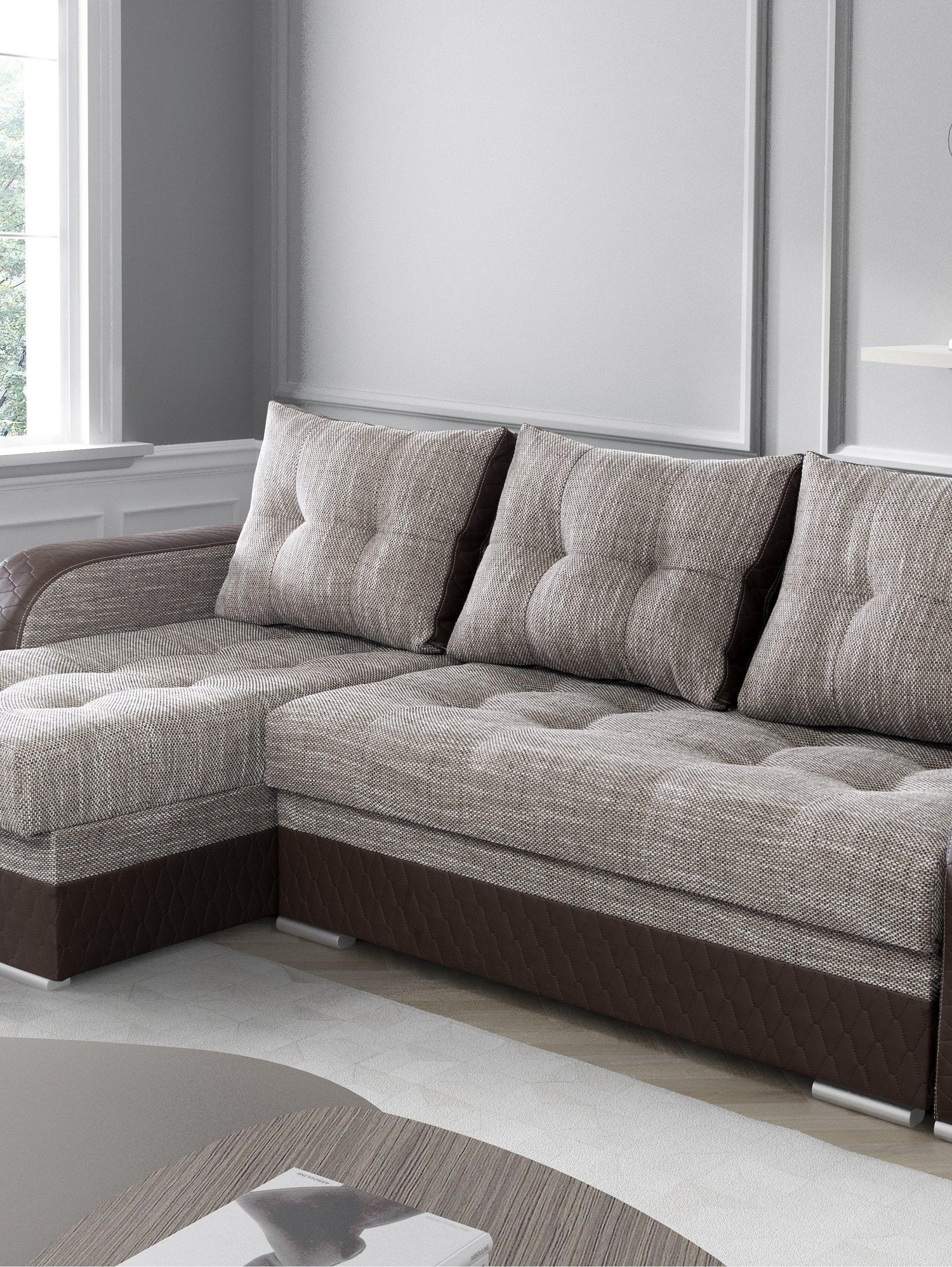 CORNER SOFA BED SAM BROWN BERLIN 03 / W55 236CM 2X STORAGE SPACE universal RIGHT/LEFT CORNER / BONELL SPRINGS + FOAMTHIS MODEL IS UNIVERSAL WHICH MEANS YOU CAN CHOOSE CORNER SIDE DURING ASSEMBLY3x PILLOWS INCLUDED2X STORAGE SPACE BONELL SPRINGS + FOAM DIM