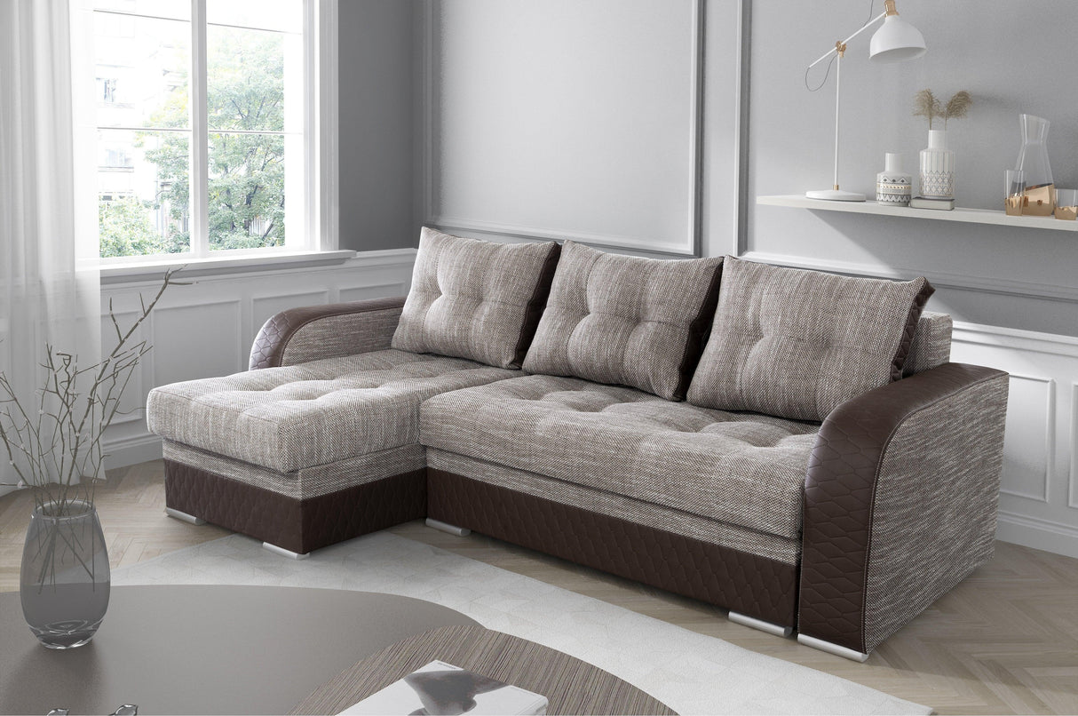 CORNER SOFA BED SAM BROWN BERLIN 03 / W55 236CM 2X STORAGE SPACE universal RIGHT/LEFT CORNER / BONELL SPRINGS + FOAMTHIS MODEL IS UNIVERSAL WHICH MEANS YOU CAN CHOOSE CORNER SIDE DURING ASSEMBLY3x PILLOWS INCLUDED2X STORAGE SPACE BONELL SPRINGS + FOAM DIM