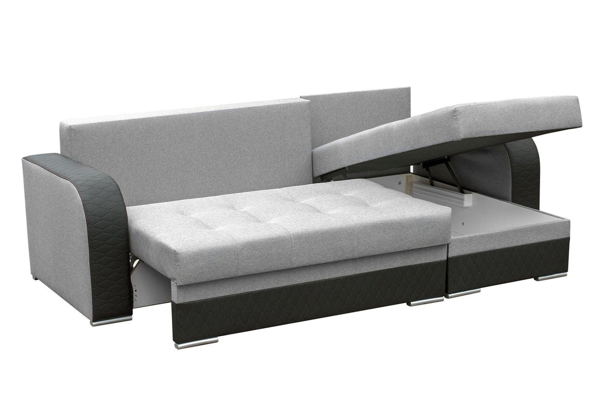 CORNER SOFA BED SAM GREY /BLACK 236CM 2X STORAGE SPACE universal RIGHT/LEFT CORNER / BONELL SPRINGS + FOAMTHIS MODEL IS UNIVERSAL WHICH MEANS YOU CAN CHOOSE CORNER SIDE DURING ASSEMBLY3x PILLOWS INCLUDED2X STORAGE SPACE BONELL SPRINGS + FOAM - length: 236
