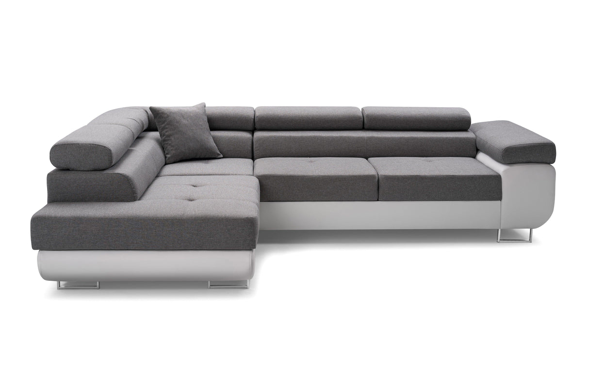CORNER SOFA BED ASH 273CM GREY/WHITE / SPRINGS + FOAMWavy springs + foam CHOICE OF COLOR Large sleeping areaSEAT AND CUSHIONS MADE IN LUX FABRIC CLICK HERE BOTTOM AND SIDES MADE OF FAUX LEATHER SOFT CLICK HERE Dimensions W: 273cm D:203cm H: 90cm Sleeping