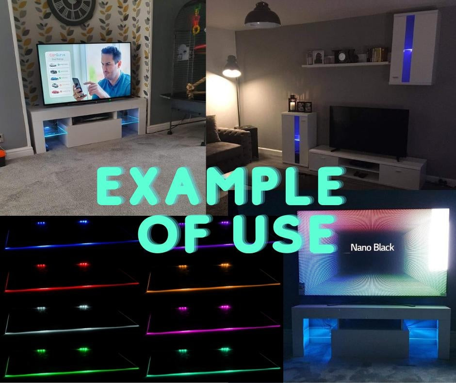 2x RGB LED clips for glass shelves (16 colors remote control LED lights)Technical parameters: number of clips in the set - 2 number of LEDs in each clip - 3 LEDs used - SMD 5050 RGB clip length - 7cm clip housing - transparent cable length from the clip t