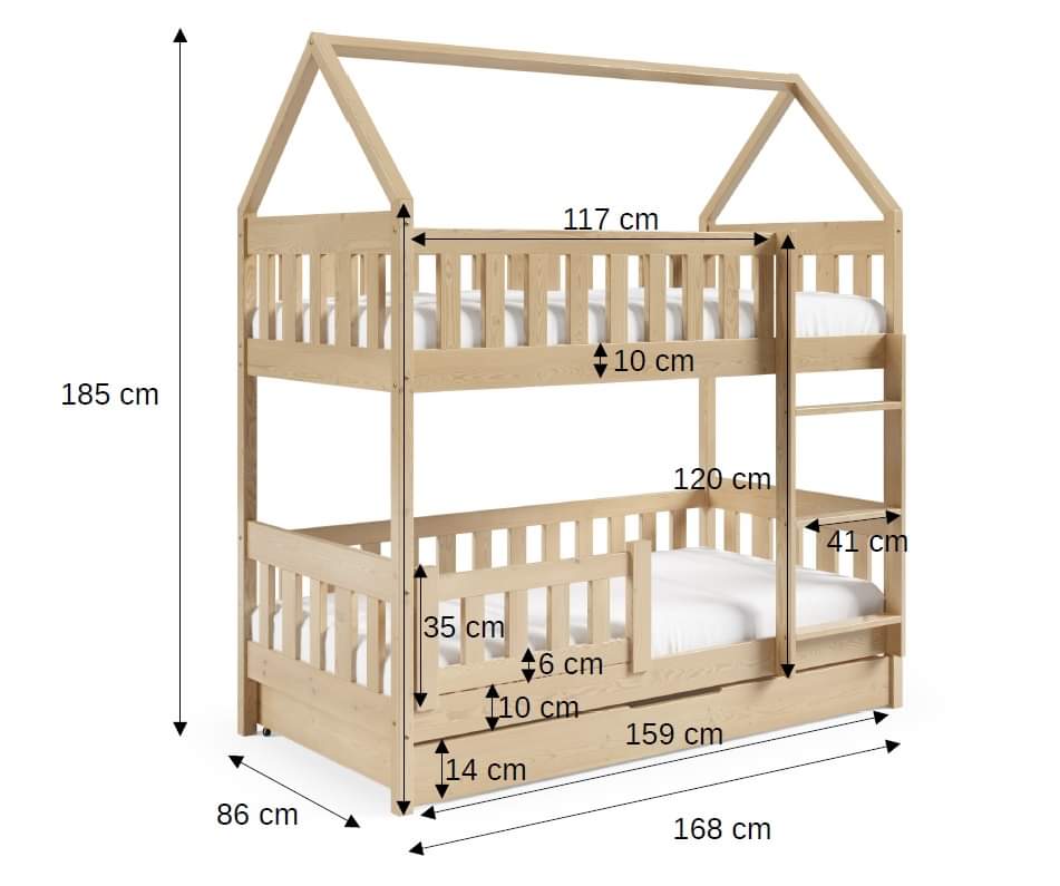 HOUSE SHAPE SOLID PINE BUNK BED BELLA WHITE 168x86cm WITH DRAW AND MATTRESSThe bed is made entirely of FSC-certified pine wood, covered with three layers of varnish safe for children. Removable safety barrier will protect the smallest children from fallin