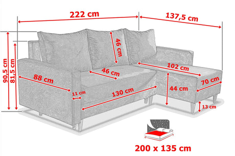 NEW! CORNER SOFA BED SNUGGY 222CM MANILA 26 UNIVERSAL CORNER RIGHT/LEFT / FOAMTHIS MODEL IS UNIVERSAL WHICH MEANS YOU CAN CHOOSE CORNER SIDE DURING ASSEMBLY3x PILLOWS INCLUDED1X STORAGE SPACESOFT TOUCH FABRC MANILA CLICK HERE DIMENTIONS 222X137.5CM SLEEPI