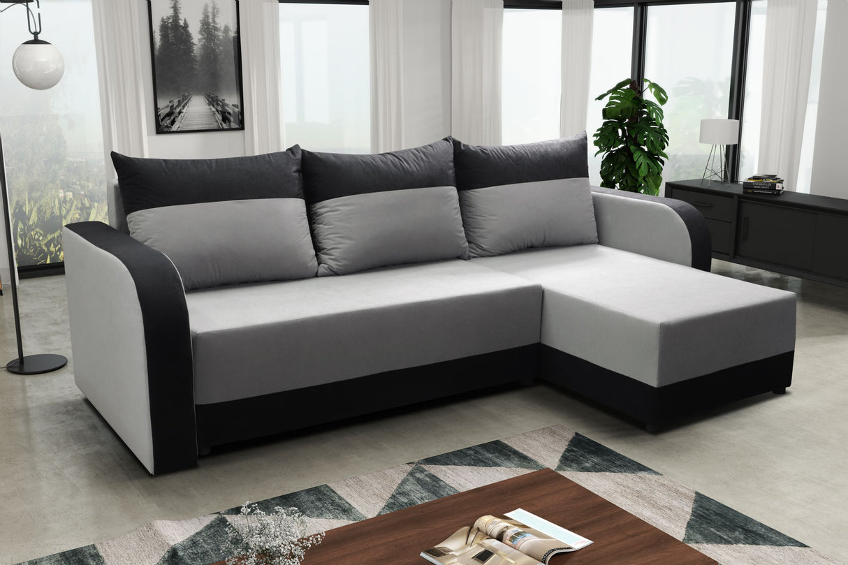 CORNER SOFA BED ALEXIS 228cm universal RIGHT/LEFT CORNER / FOAMTHIS MODEL IN UNIVERSAL WHICH MEANS YOU CAN CHOOSE CORNER SIDE DURING ASSEMBLY3x PILLOWS INCLUDED1X STORAGE SPACESLEEPING FUNCTIONT30 FOAMDIMENTIONSWidth: 228 cmDepth: 138cmSleeping area: 200