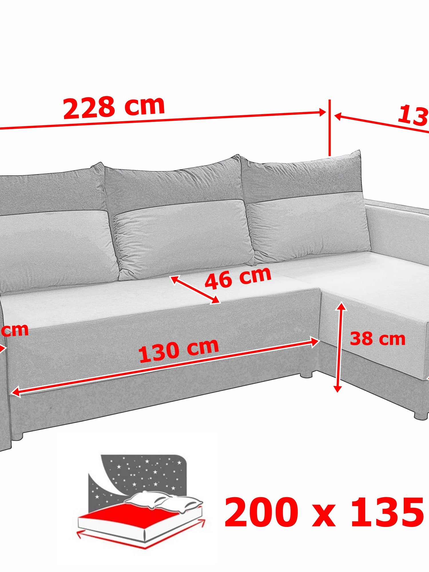 CORNER SOFA BED ALEXIS 228cm universal RIGHT/LEFT CORNER / FOAMTHIS MODEL IN UNIVERSAL WHICH MEANS YOU CAN CHOOSE CORNER SIDE DURING ASSEMBLY3x PILLOWS INCLUDED1X STORAGE SPACESLEEPING FUNCTIONT30 FOAMDIMENTIONSWidth: 228 cmDepth: 138cmSleeping area: 200
