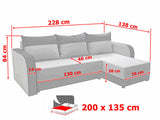 CORNER SOFA BED ALEXIS 228cm universal RIGHT/LEFT CORNER / FOAMTHIS MODEL IN UNIVERSAL WHICH MEANS YOU CAN CHOOSE CORNER SIDE DURING ASSEMBLY3x PILLOWS INCLUDED1X STORAGE SPACESLEEPING FUNCTIONT30 FOAMDIMENTIONSWidth: 228 cmDepth: 138cmSleeping area: 200