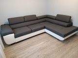 CORNER SOFA BED ASH 273CM GREY/WHITE / SPRINGS + FOAMWavy springs + foam CHOICE OF COLOR Large sleeping areaSEAT AND CUSHIONS MADE IN LUX FABRIC CLICK HERE BOTTOM AND SIDES MADE OF FAUX LEATHER SOFT CLICK HERE Dimensions W: 273cm D:203cm H: 90cm Sleeping