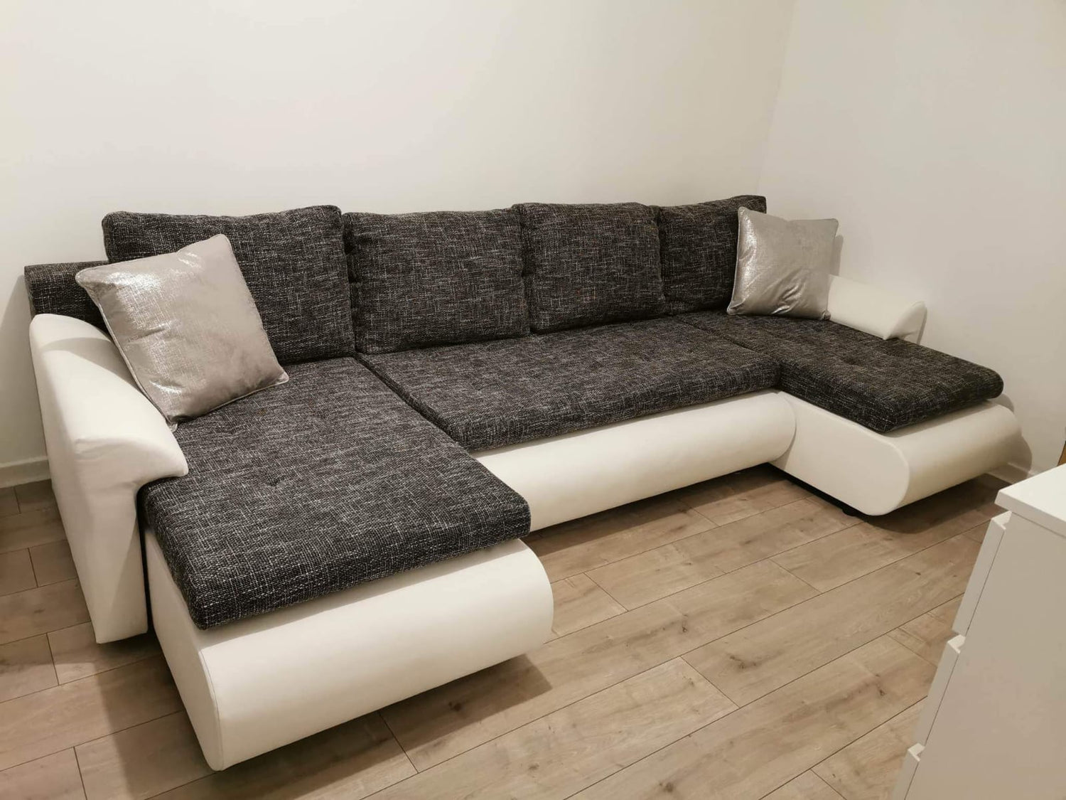 CORNER SOFA BED PRADO U LAWA 17/1115 DARK GREY/WHITE 300CM / SPRINGS + FOAMWavy springs CHOICE OF COLOR large sleeping areaSEAT AND CUSHION MADE IN LAWA FABRIC CLICK HERE BOTTOM AND SIDES MADE ON FAUX LEATHER SOFT CLICK HERE Dimensions W: 300cm D:152cm H: