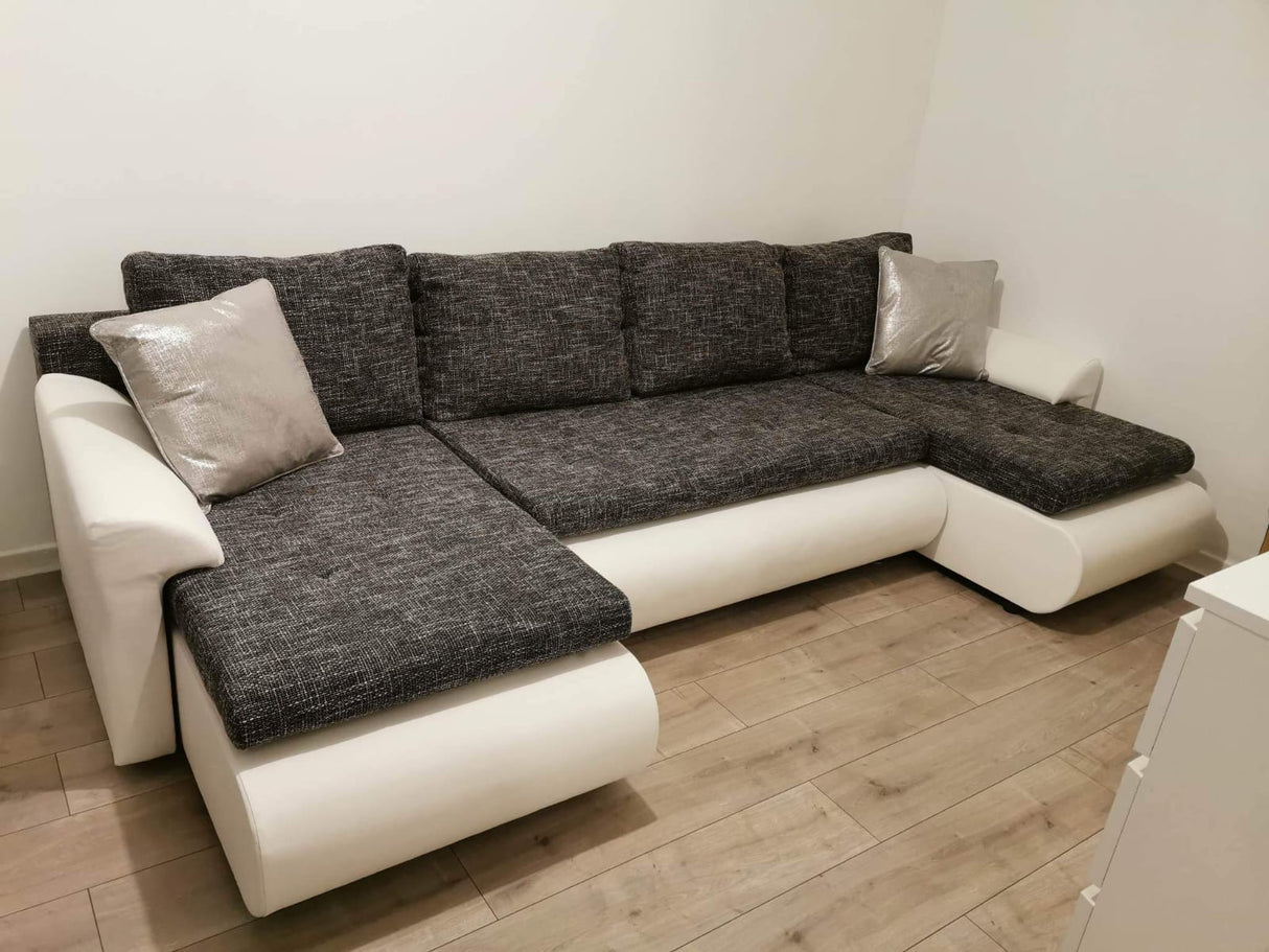 CORNER SOFA BED PRADO U LAWA 17/1115 DARK GREY/WHITE 300CM / SPRINGS + FOAMWavy springs CHOICE OF COLOR large sleeping areaSEAT AND CUSHION MADE IN LAWA FABRIC CLICK HERE BOTTOM AND SIDES MADE ON FAUX LEATHER SOFT CLICK HERE Dimensions W: 300cm D:152cm H: