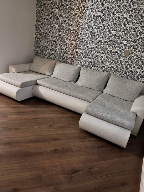 CORNER SOFA BED PRADO U LAWA 09/1115 GREY/WHITE 300CM / SPRINGS + FOAMWavy springs CHOICE OF COLOR large sleeping areaSEAT AND CUSHION MADE IN LAWA FABRIC CLICK HERE BOTTOM AND SIDES MADE ON FAUX LEATHER SOFT CLICK HERE Dimensions W: 300cm D:152cm H: 85cm