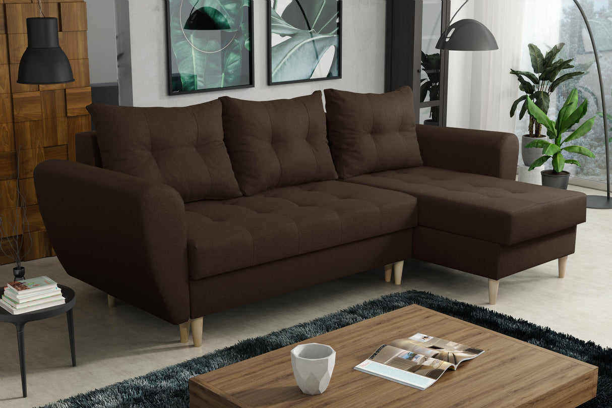 CORNER SOFA BED PALMO 2X STORAGE SPACE BROWN MALMO 28 240cm universal RIGHT/LEFT CORNER / BONELL SPRINGS + FOAMVIEW ALL COLORS CLICK HERETHIS MODEL IS UNIVERSAL WHICH MEANS YOU CAN CHOOSE CORNER SIDE DURING ASSEMBLYMADE IN MALMO FABRIC CLICK HERE3x PILLOW