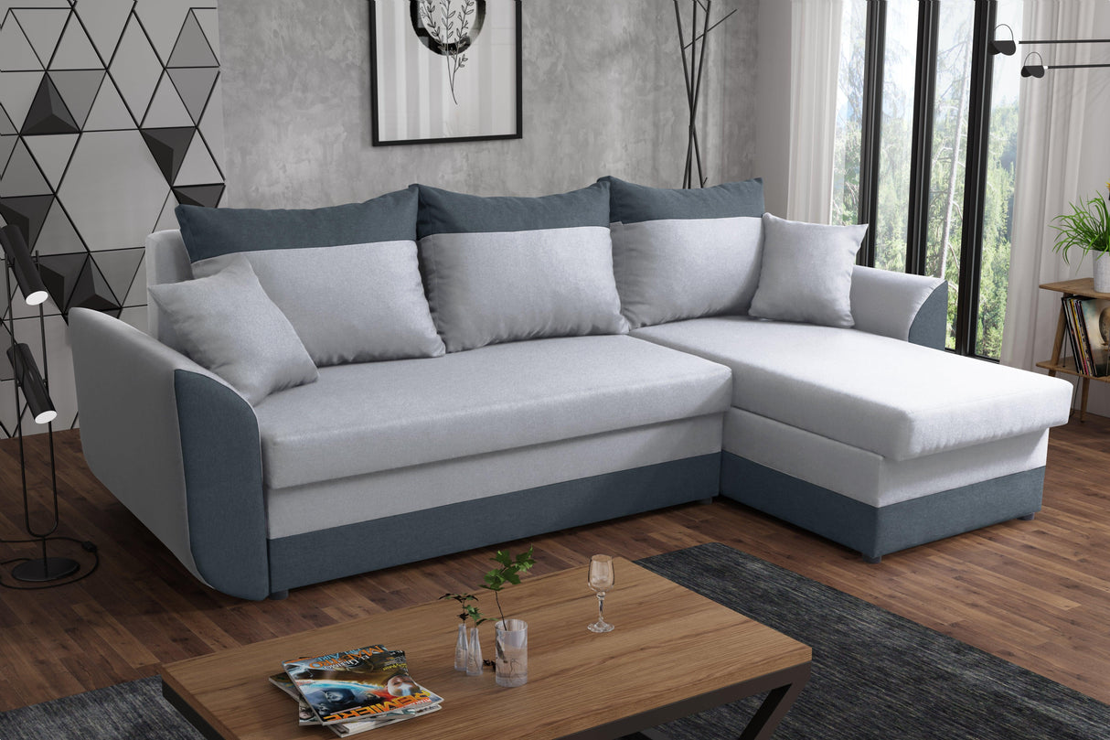 CORNER SOFA BED TRINITY 234CM 2x STORAGE SPACE / FOAM2X Storage space CHOICE OF COLOR FOAM T30MADE IN MALMO FABRIC CLICK HERE Dimensions W: 234cm D:146cm H: 86CM Sleeping area: 131x200cm THIS MODEL IS UNIVERSAL WHICH MEANS YOU CAN CHOOSE CORNER SIDE DURIN