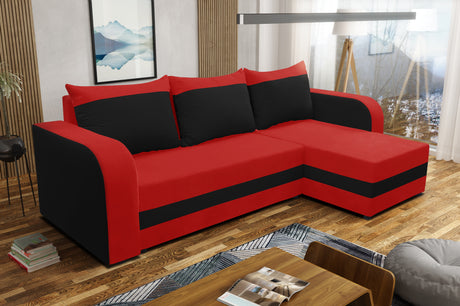 CORNER SOFA BED ALEXA RED/BLACK 238cm universal RIGHT/LEFT CORNER / FOAMTHIS MODEL IN UNIVERSAL WHICH MEANS YOU CAN CHOOSE CORNER SIDE DURING ASSEMBLY3x PILLOWS INCLUDED1X STORAGE SPACESLEEPING FUNCTIONDIMENTIONSWidth: 238 cmDepth: 140cmSleeping area: 200