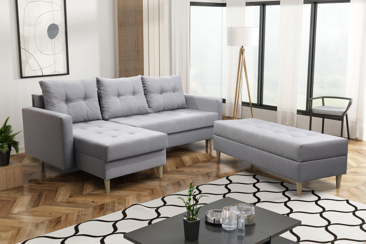 CORNER SOFA BED BRIAN 222CM + STORAGE PUFF / OTTOMAN CHOICE OF COLOR UNIVERSAL RIGHT/LEFT CORNER / BONELL SPINGS + FOAMTHIS MODEL IS UNIVERSAL WHICH MEANS YOU CAN CHOOSE CORNER SIDE DURING ASSEMBLYMADE IN MALMO FABRIC CLICK HERE3x PILLOWS INCLUDED2X STORA