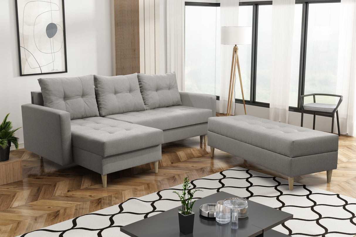 CORNER SOFA BED BRIAN 222CM + STORAGE PUFF / OTTOMAN CHOICE OF COLOR UNIVERSAL RIGHT/LEFT CORNER / BONELL SPINGS + FOAMTHIS MODEL IS UNIVERSAL WHICH MEANS YOU CAN CHOOSE CORNER SIDE DURING ASSEMBLYMADE IN MALMO FABRIC CLICK HERE3x PILLOWS INCLUDED2X STORA