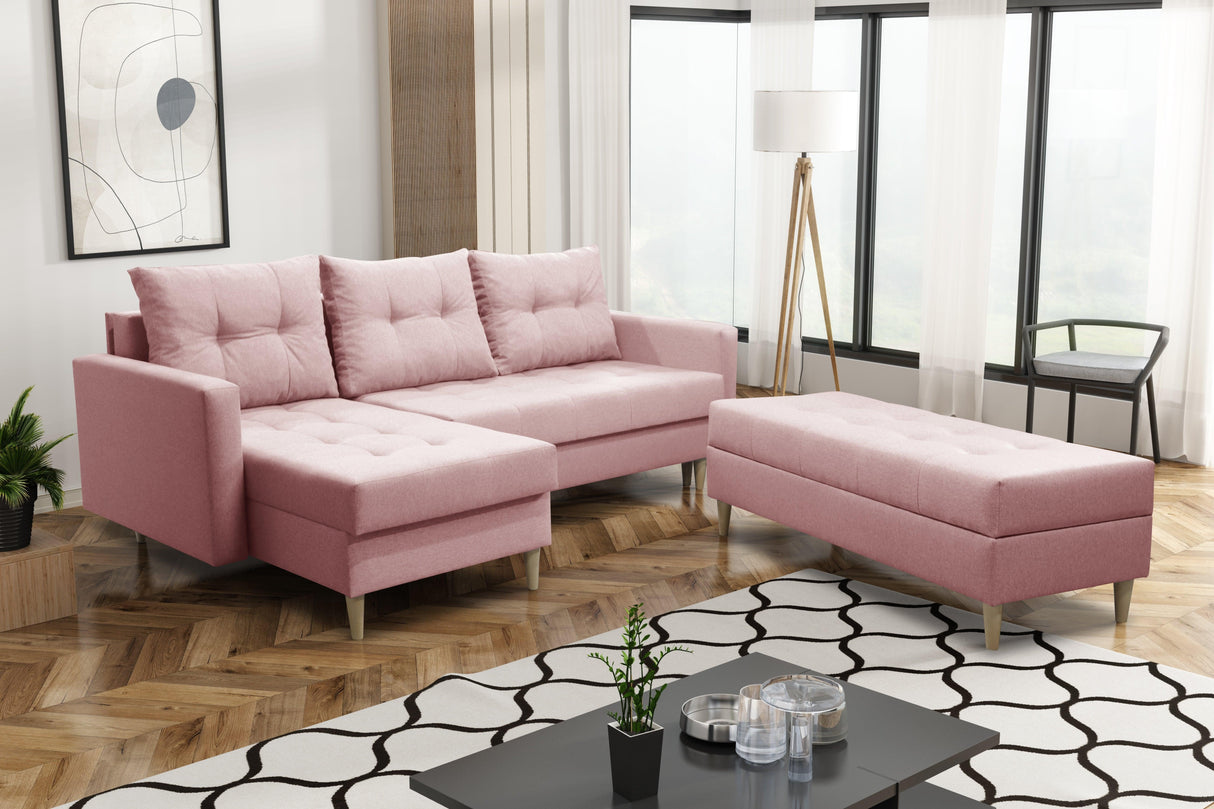 CORNER SOFA BED BRIAN 222CM + STORAGE PUFF / OTTOMAN CHOICE OF COLOR UNIVERSAL RIGHT/LEFT CORNER / BONELL SPINGS + FOAMTHIS MODEL IS UNIVERSAL WHICH MEANS YOU CAN CHOOSE CORNER SIDE DURING ASSEMBLYMADE IN MALMO FABRIC CLICK HERE3x PILLOWS INCLUDED2X STORA