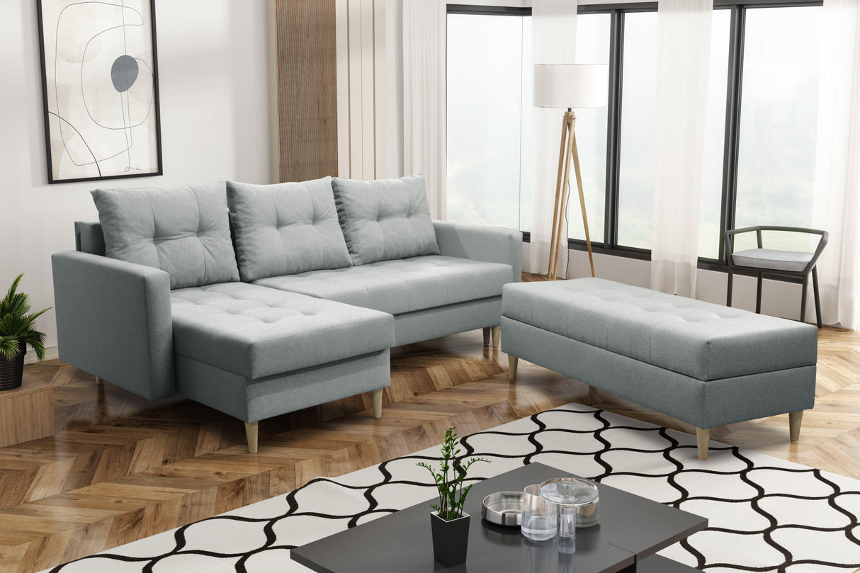 CORNER SOFA BED BRIAN 222CM + STORAGE PUFF / OTTOMAN CHOICE OF COLOR UNIVERSAL RIGHT/LEFT CORNER / BONELL SPINGS + FOAMTHIS MODEL IS UNIVERSAL WHICH MEANS YOU CAN CHOOSE CORNER SIDE DURING ASSEMBLYMADE IN MALMO FABRIC CLICK HERE3x PILLOWS INCLUDED2X STORA