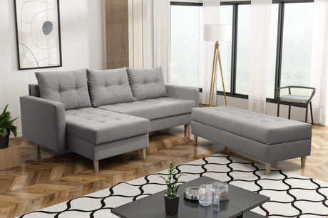 CORNER SOFA BED BRIAN 222CM + STORAGE PUFF / OTTOMAN MALMO 90 UNIVERSAL RIGHT/LEFT CORNERTHIS MODEL IS UNIVERSAL WHICH MEANS YOU CAN CHOOSE CORNER SIDE DURING ASSEMBLYMADE IN MALMO FABRIC CLICK HERE3x PILLOWS INCLUDED2X STORAGE SPACE IN CORNER SOFA1X STOR