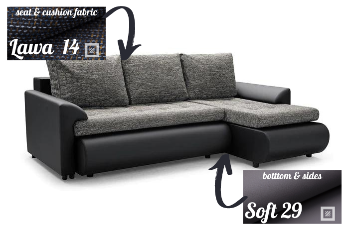 CORNER SOFA BED PRADO LAWA 14 SOFT 29 RIGHT HAND SIDE CORNER 226CM / SPRINGS + FOAMSEAT AND CUSHIONS MADE IN LAWA 14 FABRIC CLICK HERE BOTTOM AND SIDES MADE ON FAUX LEATHER SOFT 29 CLICK HERECORNER SOFA BED PRADAWAVY SPRINGSFOAM T30SLEEPING FUNCTIONDIMENS