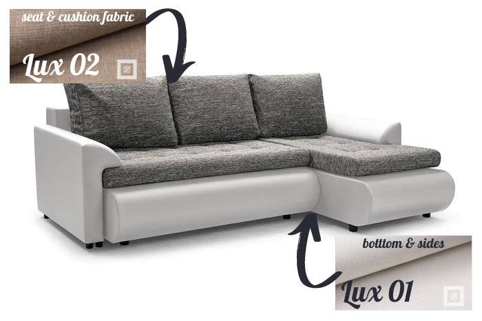 CORNER SOFA BED PRADO LUX02 / LUX01 RIGHT HAND SIDE CORNER 226CM / SPRINGS + FOAMSEAT AND CUSHIONS MADE IN LUX 02 FABRIC, BOTTOM AND SIDES MADE OF LUX 01 CLICK HERECORNER SOFA BED PRADAWAVY SPRINGSFOAM T30SLEEPING FUNCTIONDIMENSTIONS:WIDTH: 226cmDEPTH: 15