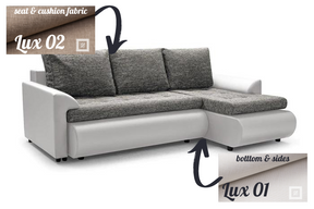 CORNER SOFA BED PRADO LUX02 / LUX01 RIGHT HAND SIDE CORNER 226CM / SPRINGS + FOAMSEAT AND CUSHIONS MADE IN LUX 02 FABRIC, BOTTOM AND SIDES MADE OF LUX 01 CLICK HERECORNER SOFA BED PRADAWAVY SPRINGSFOAM T30SLEEPING FUNCTIONDIMENSTIONS:WIDTH: 226cmDEPTH: 15