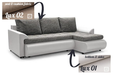 CORNER SOFA BED PRADO LUX02 / LUX01 RIGHT HAND SIDE CORNER 226CM / SPRINGS + FOAMSEAT AND CUSHIONS MADE IN LUX 02 FABRIC, BOTTOM AND SIDES MADE OF LUX 01 CLICK HERECORNER SOFA BED PRADAWAVY SPRINGSFOAM T30SLEEPING FUNCTIONDIMENSTIONS:WIDTH: 226cmDEPTH: 15
